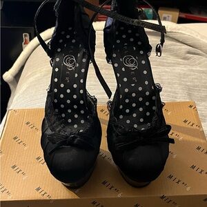 Pleaser Black Satin Platform Heels with Lace Trim & Bow